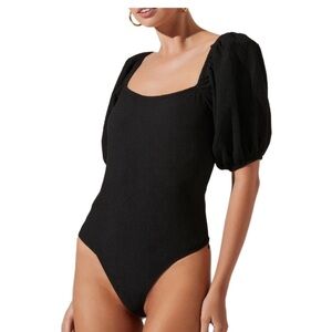 Astr Elegant Black puff sleeve black thong bodysuit